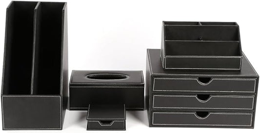 KINGFOM Desk Organizer Set 5PCS Office Supplies Synthetic Leather Files Holder Cabinet Desk Organizer Drawer, Multifunction Organizer Box, Tissue Box Holder and Sticky Notes Dispenser Case (T08-Black)