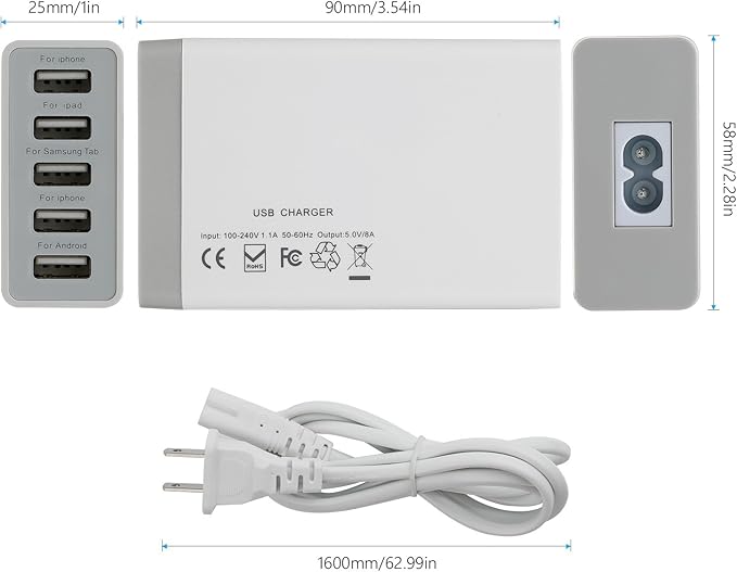 Desktop 5 Port USB Wall Charger 40W 8A, USB Hub Charging Station for Multiple Devices, Protable Multi Port USB Charger for Cell Phone, Tablet, Android Smart Phone and More