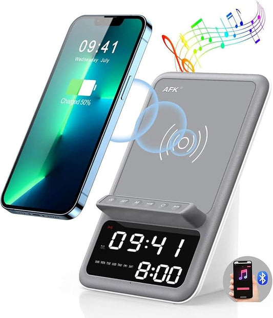 AFK Wireless Charging Station with Bluetooth Speaker and Alarm Clock,Wireless Charger Compatible with iPhone,Android Phones (Gray-White)