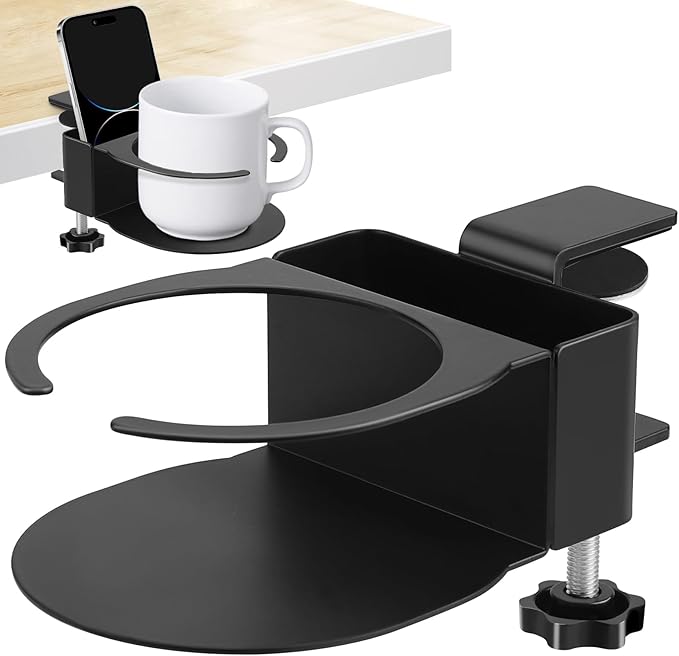 Desk Cup Holder for Coffee Mugs, Tumblers, Water Bottles with Mobile Phone Stand, Anti-Spill Metal School Home Office Accessories (Black-1)
