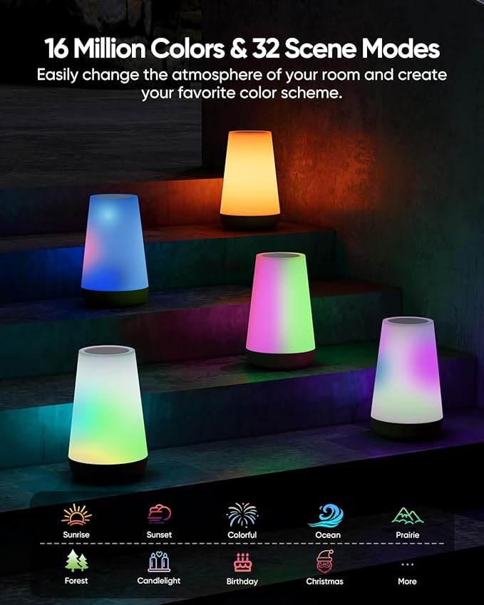 Smart Table Lamp, Dimmable Nursery Night Light with App/Voice Control Compatible with Alexa, Led Desk Lamp with 32 Modes 2700-6500k & Music Sync, Bedside Lamp for Kids with Timer