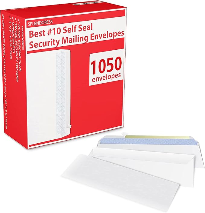 #10 Envelopes Letter Size Self Seal | 1,050 Business Mailing Security Peel and Sealing Envelope | 100% Tinted | no 10 White Windowless Legal Regular Plain Envelops Pack | 4-1/8 x 9-1/2 Inches | 24 LB