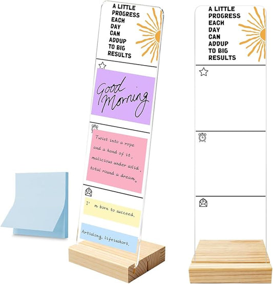 Monitor Memo Board with Removable Wooden Base Acrylic Portable Sticky Note Holder, A Little Progress Each Day Can Add Up to Big Results Acrylic Message Board, Office Desk Set Sticky Notes 100 Sheets