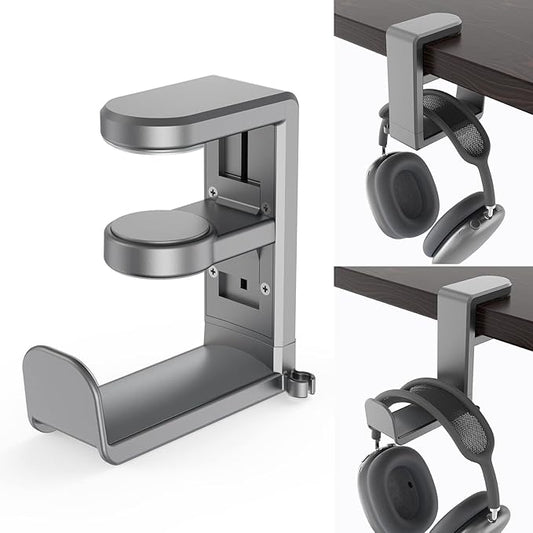 Rotating Headphone Stand - EURPMASK PC Gaming Headset Stand, Adjustable Clamp-on Headphones Holder, Earphone Hanger Hook Under Desk with 360 Degree Swivel&Cable Clip Organizer - Space Grey