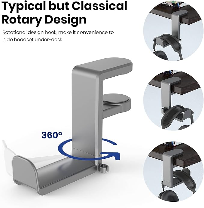 Rotating Headphone Stand - EURPMASK PC Gaming Headset Stand, Adjustable Clamp-on Headphones Holder, Earphone Hanger Hook Under Desk with 360 Degree Swivel&Cable Clip Organizer - Space Grey