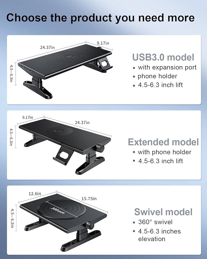 Computer Monitor Stand Riser for Desk with Usb Hub Charging,30W/5Gbps Usb C Docking Station with Power,4.4-5.7''Freely Height Adjustable with Phone Holder,Monitor Stands Riser for PC,Laptop,Printer,TV