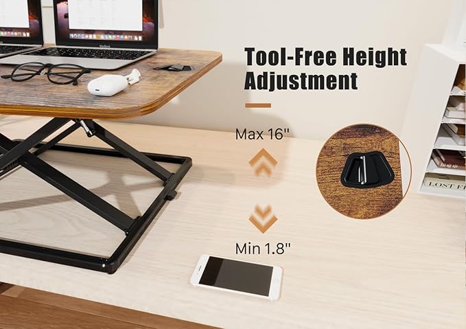JOY worker Standing Desk Converter, 31 Inch Compact Height Adjustable Stand up Desk Riser, Ultra Low Profile Sit to Stand Table for Laptop Riser Workstation, Rustic Brown