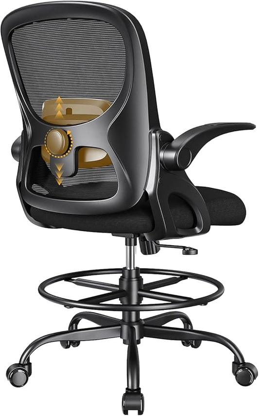 LukkDys Tall Office Chair with Footrest Ring and Flip-up Armrests, Adjustable Drafting Chair with Ergonomic Lumbar Support, Mesh High Desk Chair for Standing Desk and Home Office (Black)