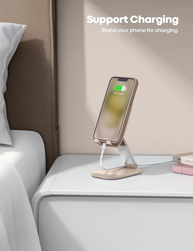 Lamicall Khaki Phone Holder for Desk - Cellphone Stand Khaki Desk Accessories Desktop Office Must Have Compatible Gifts for iPhone, 4-8'' Smartphone