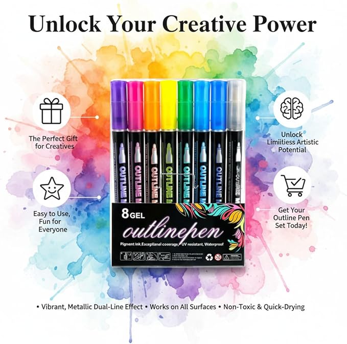 Double Line Outline Pens, 8/12/24/36/48 Colors Glitter Self-Outline Metallic Markers Set, 2mm Precision Tip, Quick-Dry Shimmer Contour Art Pens for Drawing, Coloring & DIY Crafts (12 Color)