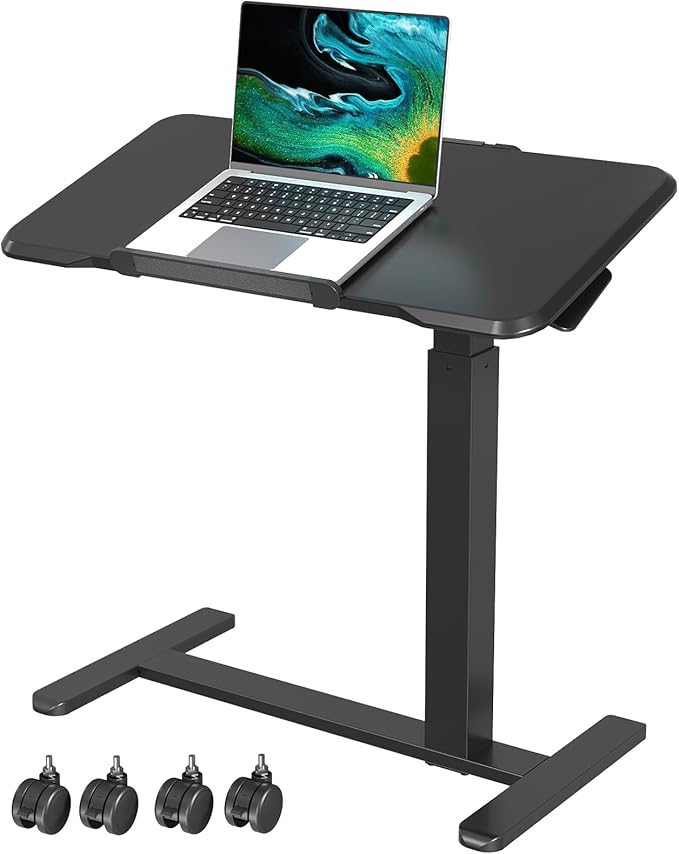 Rolling Laptop Desk, Mobile Standing Desk Height Adjustable, 180° Tiltable Overbed Bedside Table, Portable Computer Desk with Lockable Wheels, Foldable Laptop Cart for Home Office, Black