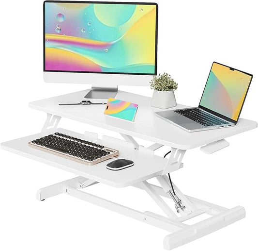 JOY worker Standing Desk Converter, 32" Wide Height Adjustable Sit Stand Up Desk Riser with Keyboard Tray, Desktop Workstation Riser for Home Office Computer Laptop, Particle Board, White