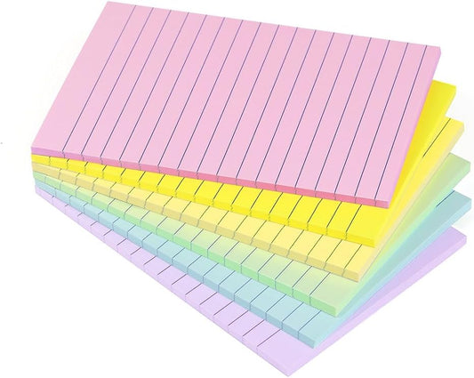 Lined Sticky Notes 4X6 in Pastel Ruled Post Stickies Colorful Super Sticking Memo Pads, 45 Sheets/pad, 6 Pads/Pack