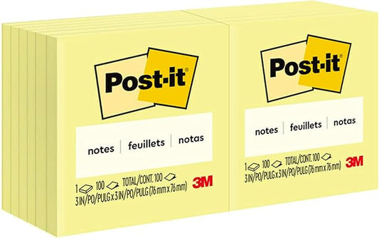 Post-it Notes 3x3 in, 12 Pads, America's #1 Favorite Sticky Notes, Canary Yellow, Clean Removal, Recyclable (654)