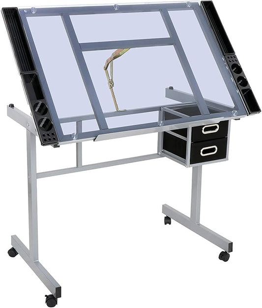 Adjustable Drafting Table Drawing Desk Art Craft Station Drafting Desk Glass Tabletop w/2 Slide Drawers and Wheels for Drawing, Sketching, Reading, Painting Home Office