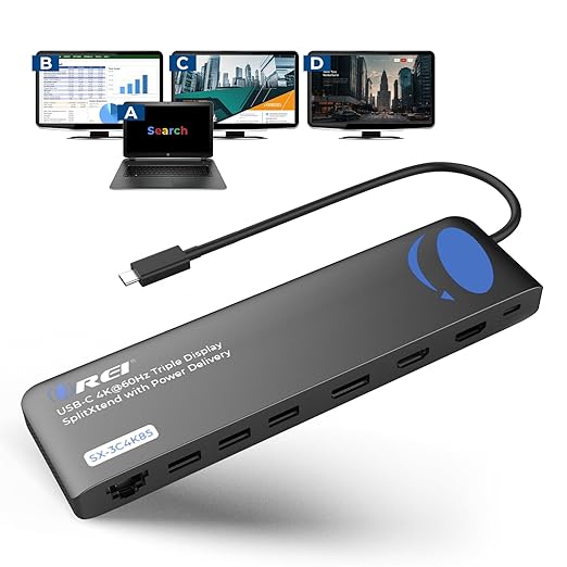 OREI USB-C Triple Monitor Docking Station Splitter – USB-C to 2× HDMI & 1× DisplayPort Adapter, 100W PD, Gigabit Ethernet, 4× USB2.0/3.0, microSD Reader – Windows & Mac Compatible