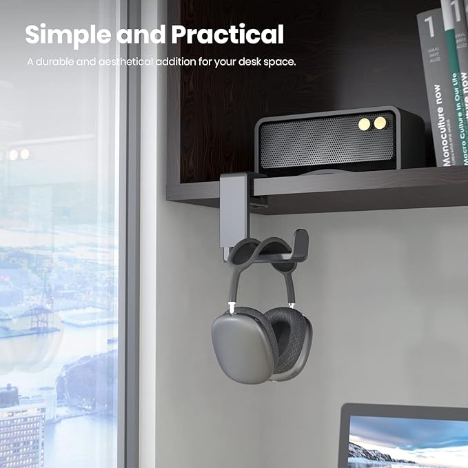 Rotating Headphone Stand - EURPMASK PC Gaming Headset Stand, Adjustable Clamp-on Headphones Holder, Earphone Hanger Hook Under Desk with 360 Degree Swivel&Cable Clip Organizer - Space Grey