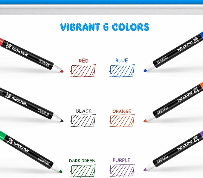 maxtek 36 Count Magnetic Dry Erase Markers, Fine Tip, 6 Colors, Low Odor Whiteboard Markers with Built-in Eraser
