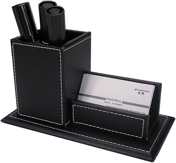 KINGFOM Desk Organizer Set 5PCS Office Supplies Synthetic Leather Files Holder Cabinet Desk Organizer Drawer, Multifunction Organizer Box, Tissue Box Holder and Sticky Notes Dispenser Case (T08-Black)