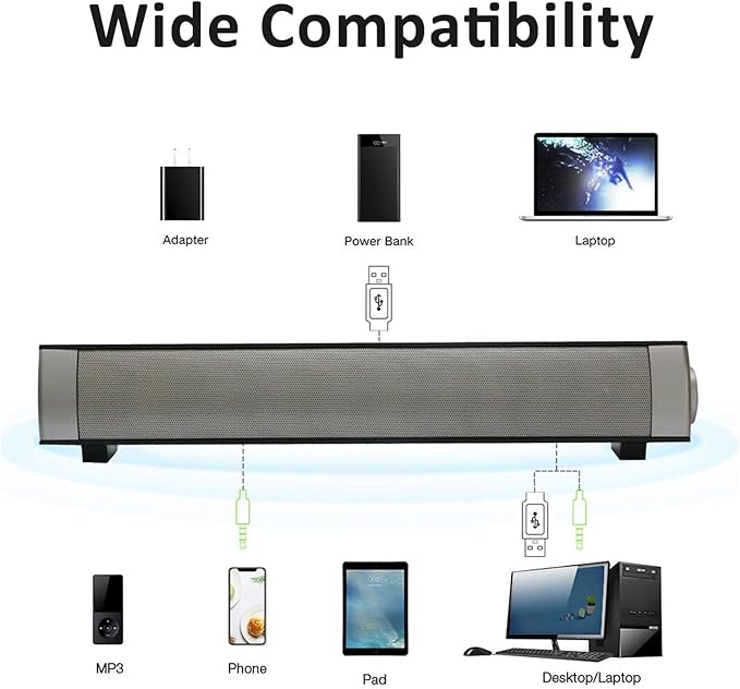 Computer Speakers for Desktop, Wired and Wireless Computer Sound Bar, Stereo USB Powered Mini Soundbar Speakers for PC Tablets Laptop Desktop Projector Cellphone