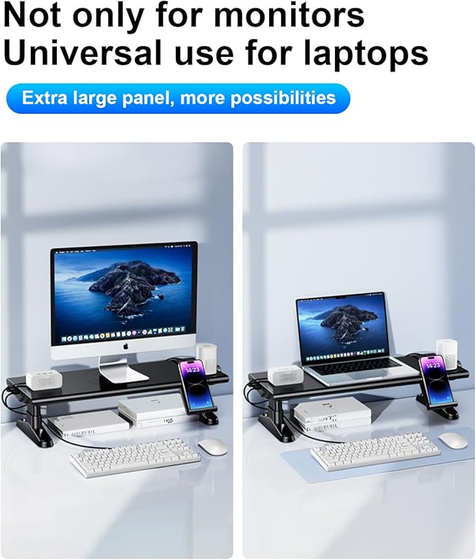 Computer Monitor Stand Riser for Desk with Usb Hub Charging,30W/5Gbps Usb C Docking Station with Power,4.4-5.7''Freely Height Adjustable with Phone Holder,Monitor Stands Riser for PC,Laptop,Printer,TV