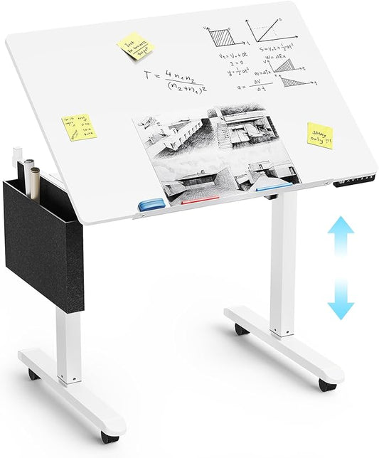 Standing Desk with Whiteboard Top – Electric Height Adjustable Drafting Table, Flip Dry Erase Top, Mobile Drawing Desk with Wheels & Storage Bag for Home, Office, Studio, Art