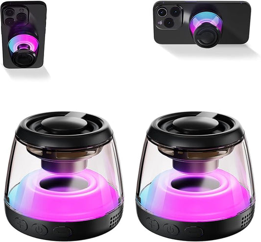 Two Magnetic Bluetooth Speaker,Wireless Induction Bluetooth Speaker,Mini Portable Cell Phone Stand for iPhone, Lanyard & RGB Night Light,or Home,Outdoors,Pool,Gift (Black-2PCS)