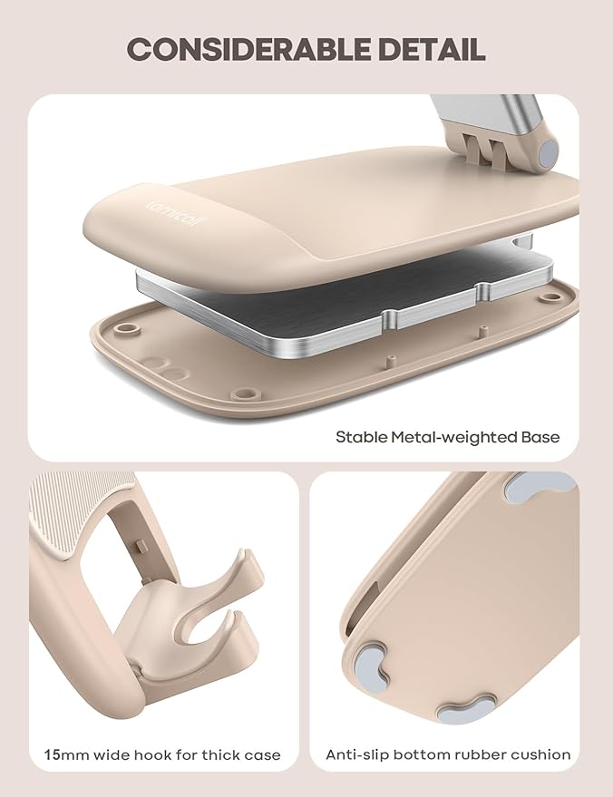 Lamicall Khaki Phone Holder for Desk - Cellphone Stand Khaki Desk Accessories Desktop Office Must Have Compatible Gifts for iPhone, 4-8'' Smartphone