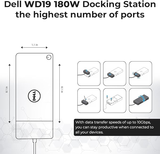 WD19 Dell Docking Station Dual Monitor - USB-C Dock with 180W Adapter, HDMI, DisplayPort, USB-C Cables - Dell Laptop Docking Station (Renewed)