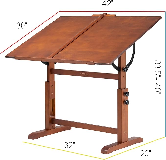 MEEDEN Extra-Large Wood Drafting Table: 42" x 30" Artist Drawing Desk - Height Adjustable Art Craft Table - Tilting Table for Adults Painting Reading Writing Sketching