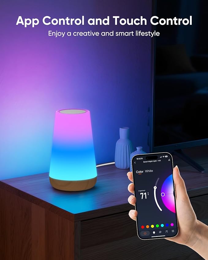 Smart Table Lamp, Dimmable Nursery Night Light with App/Voice Control Compatible with Alexa, Led Desk Lamp with 32 Modes 2700-6500k & Music Sync, Bedside Lamp for Kids with Timer