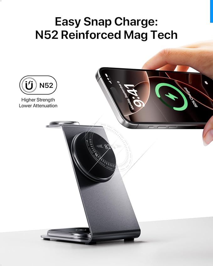 Intoval 3 in 1 Wireless Charging Station for Magsafe, Magnetic Charger for iPhone 16 15 14 13 12 Pro Max, Wireless Charger for Apple Watch 10 Ultra SE 9 8 7 6, for AirPods 4 Pro 2 3 (Grey)