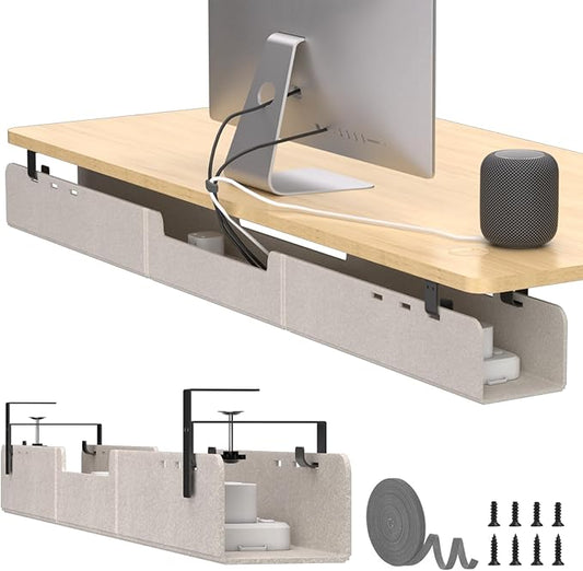 Under Desk Cable Management Tray,No-Drill Upgraded Thickened Felt Cord Organizer with Clamp or Screw Mount,Cable Holder for Standing Desk,Home Or Office(Beige, 47.2")