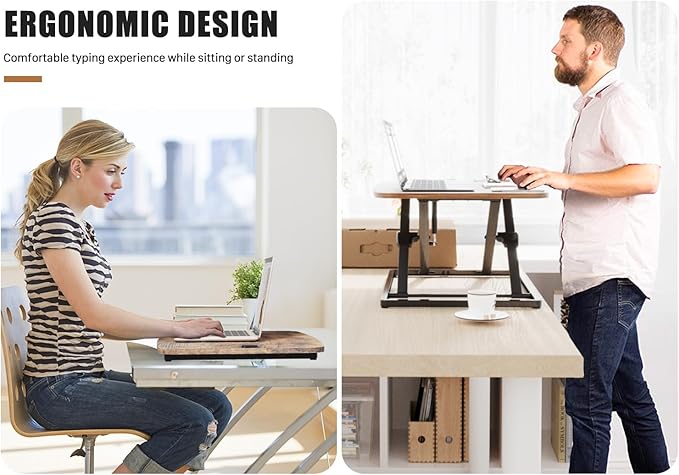 JOY worker Standing Desk Converter, 31 Inch Compact Height Adjustable Stand up Desk Riser, Ultra Low Profile Sit to Stand Table for Laptop Riser Workstation, Rustic Brown