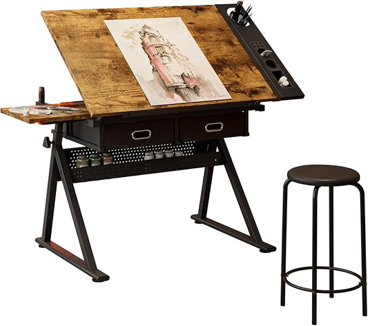 Adjustable Drawing Drafting Table Desk with 2 Drawers for Home Office and School with Stool(Wood)