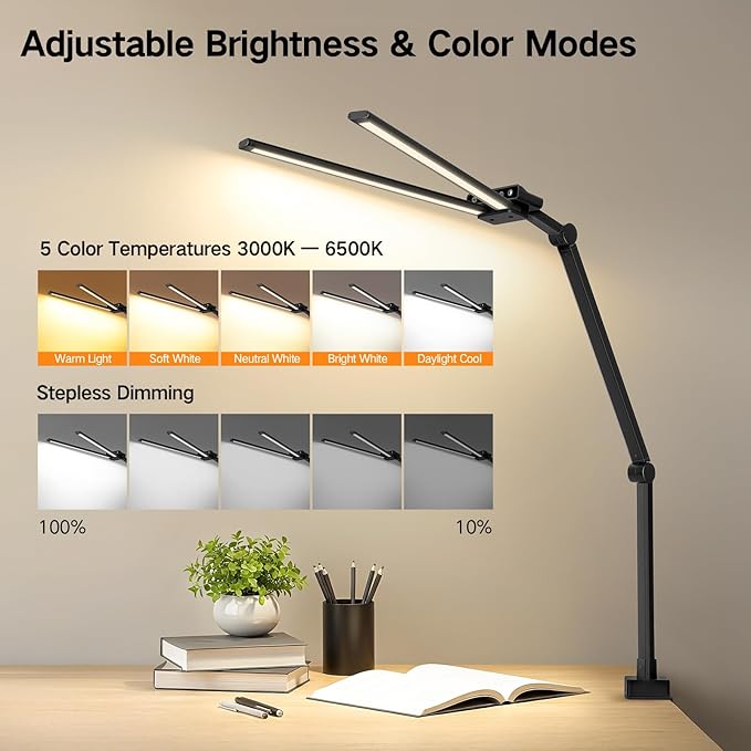 OUTON 29.5" LED Desk Lamp with Clamp, USB-A & USB-C Ports, Touch & Remote Control, 5 Color Temperatures, Stepless Dimming, Timer & Memory Function, 24W Eye-Care Monitor Light for Home Office & Study