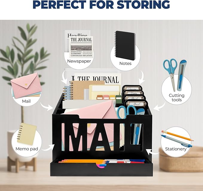 Mail Organizer Countertop – Black Holder for Desk with 4 Slots, Drawer & Label Tags, Decorative Desktop Sorter, Envelope Tray for Home Office Organization (11x7x9.5 in)