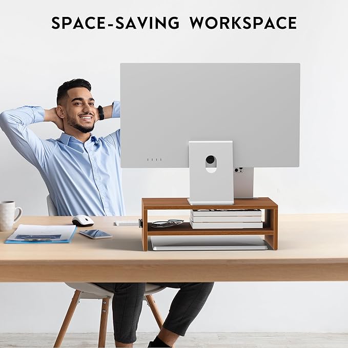 BONTEC Wooden Monitor Stand Riser, 2-Tier Desk Shelf with Storage Organizer, Ergonomic Computer Stand with Cable Management, Cellphone Holder, Walnut, 16.5 Inch