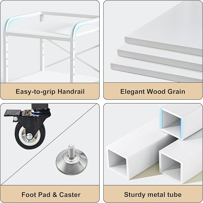20 Inches Large White Printer Stand, 2-Tier Under Desk Printer Table with Height Adjustable Shelf, Rolling Printer Cart with Industrial Wheels for Home Office (White)