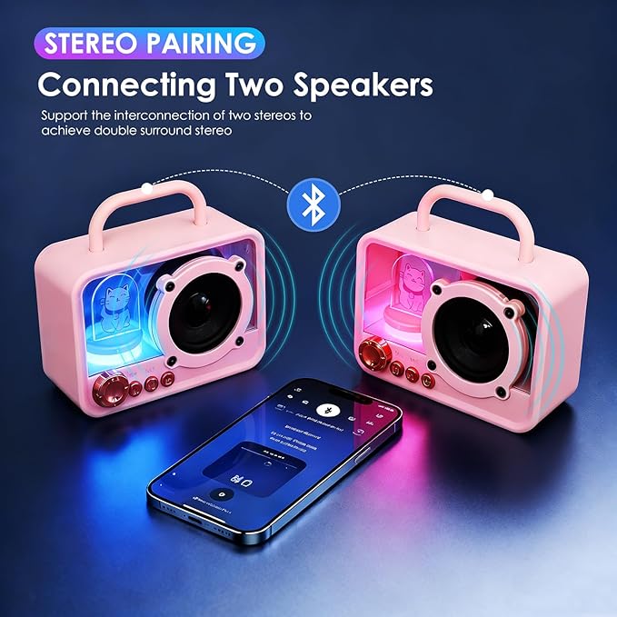 Portable Bluetooth Speaker with RGB Lights, Stereo Sound Punchy Bass, Mini Wireless Bluetooth Speaker, Cute Fashion Style for Kitchen Desk Bedroom Office Party Outdoor, Birthday Gifts