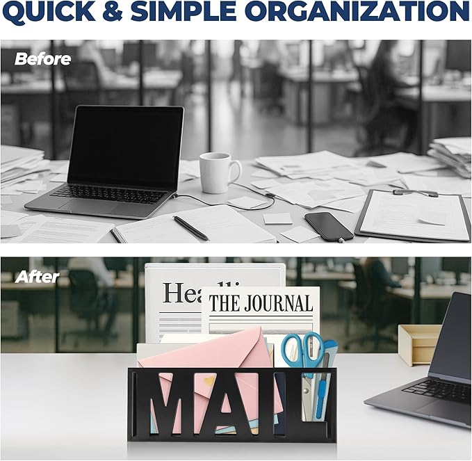 Mail Organizer Countertop – Black Holder for Desk or Wall, Decorative Desktop Sorter, Envelope Tray & Bill Storage with Compact Size for Home Office Organization Accessories (11x4x4 in)