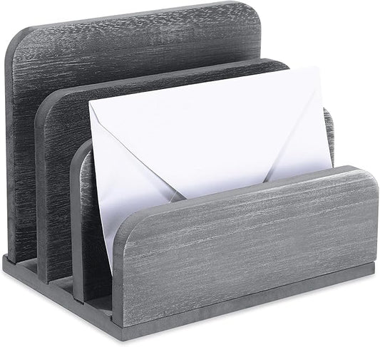 Wooden Mail Holder 3 Slots Mail Organizer for Desk Wood File Paper Letter Sorter for Letter Envelope Filing Cell Phone Document Storage, Organizer Tray for Office and Home (Grey)