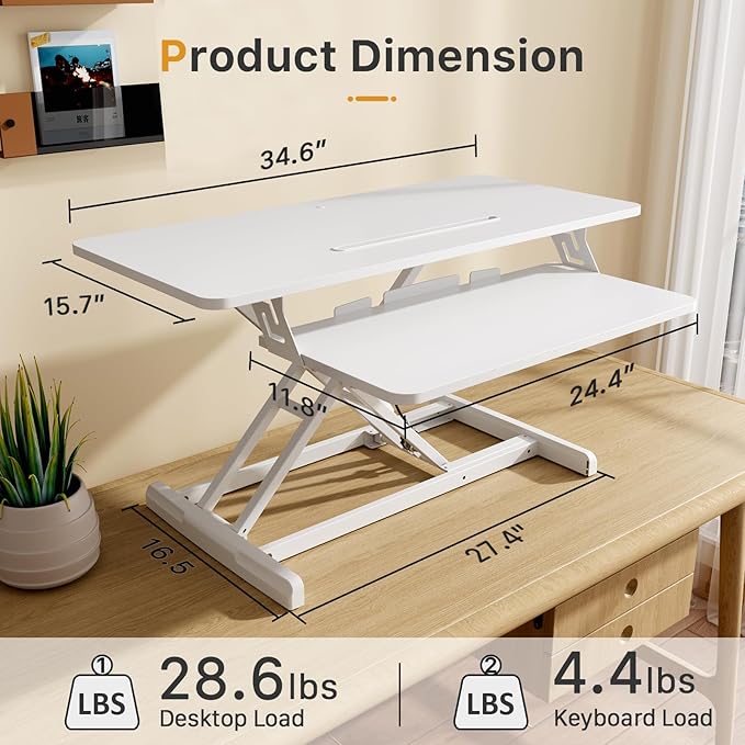 JOY worker Standing Desk Converter, 35" Wide Height Adjustable Sit Stand Up Desk Riser with Keyboard Tray, Desktop Workstation Riser for Home Office Computer Laptop, Particle Board, White