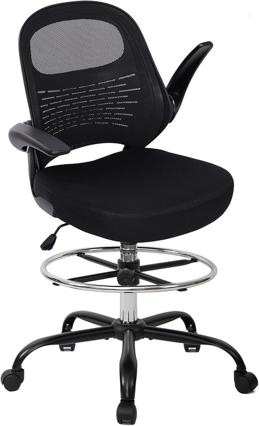 HYLONE Drafting Chair Tall Office Chair with Flip-Up Armrests Ergonomic Computer Chair with Lumbar Support Adjustable Footrest Ring Mesh Standing Desk Chair (Black)