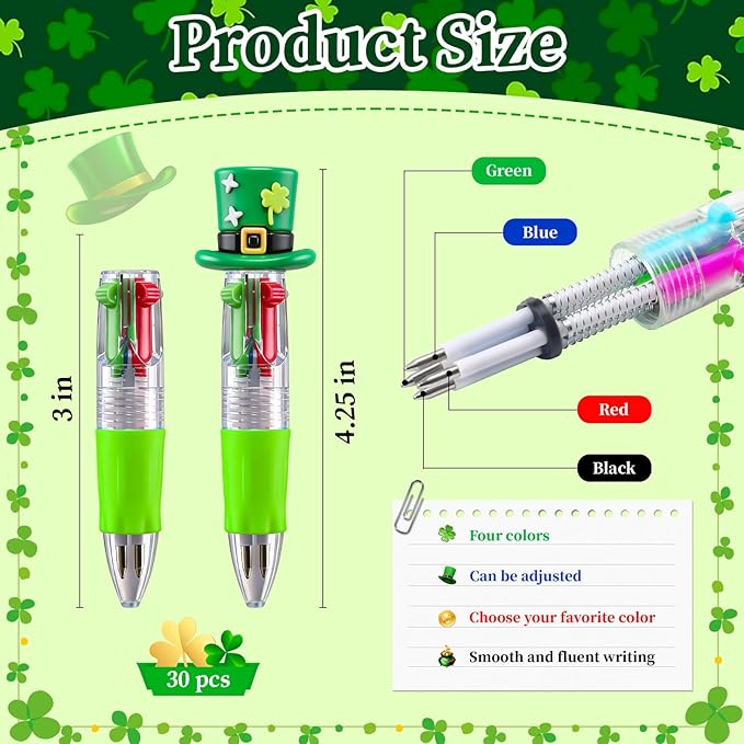 CZWZ 30Pcs Mini Multicolor Pens in One 4-in-1 Cute Pens Bulk for Kids, Ballpoint Pen for Birthdays and Children's Parties, Fun Gifts Assorted Ink Kawaii Pen(St Patricks Day)