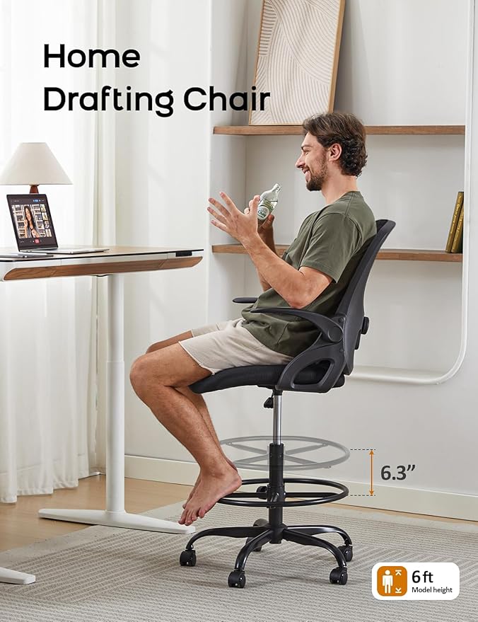 LukkDys Tall Office Chair with Footrest Ring and Flip-up Armrests, Adjustable Drafting Chair with Ergonomic Lumbar Support, Mesh High Desk Chair for Standing Desk and Home Office (Black)