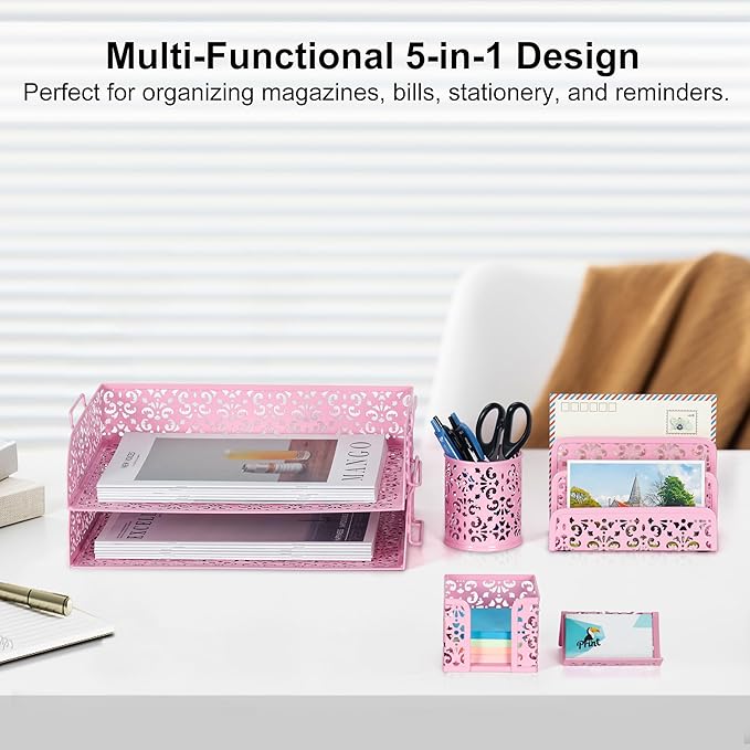EasyPAG Desk Organizers and Accessories 5 Pieces Office Supplies Set - 2 Tier Paper Tray, Pencil Organizer for Desk, Mail Sorter Countertop, Business Card Holder and Sticky Note Holder, Pink