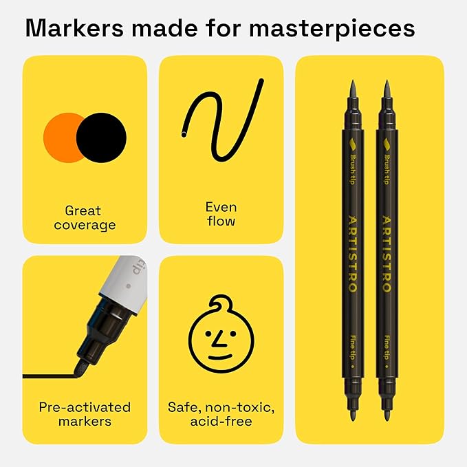 ARTISTRO 2 Black Dual-Tip Fabric Markers - Fabric Decorating Kit - Permanent for Clothes - Acrylic Paint Pens for Sneakers, Bags, Shoes, Textile, Canvas, Sewing, Craft, DIY - Brush and Fine Tip