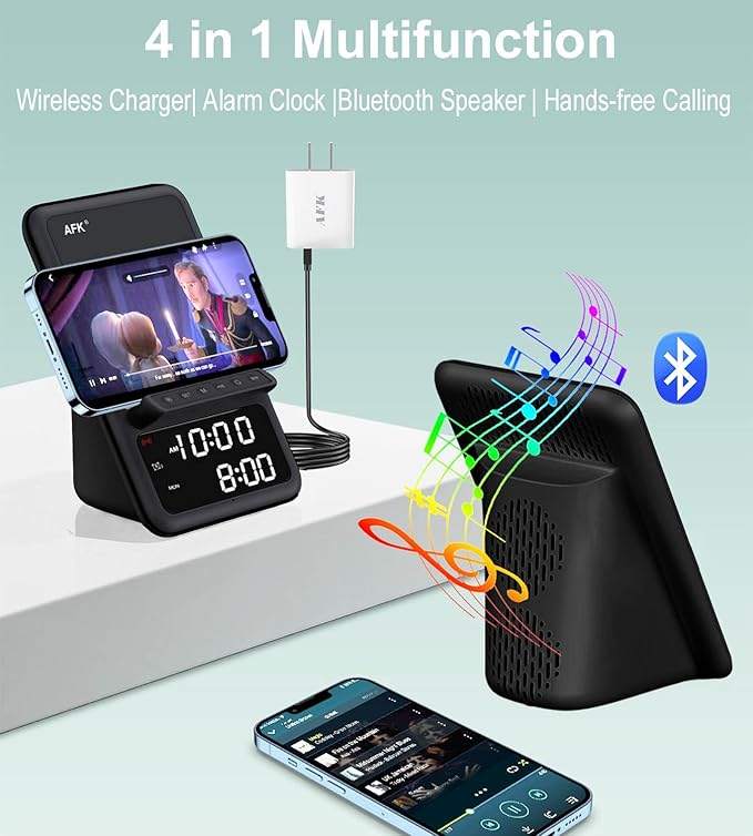 AFK Wireless Charging Station with Bluetooth Speaker and Alarm Clock,Wireless Charger Compatible with iPhone,Android Phones(Black)