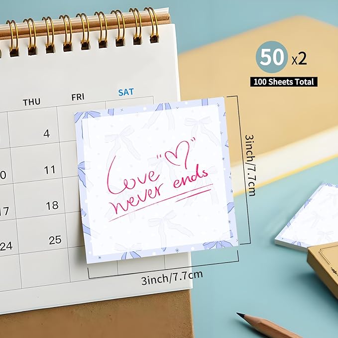 Sticky Notes 3x3 Inches, Cute Self-Stick Notes Bright Funny Sticky Note, Easy to Post for Home, Office, Notebook Cute Blue Bow Star